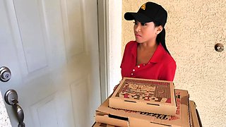 Delivery babe fucked by horny studs