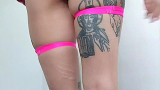 Tattooed Redhead Teases Under Pink Plaid Skirt