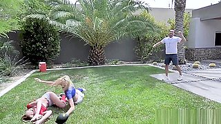 Twin Blonde Step sisters Play Football With Stepdad and Have Threesome in Shower
