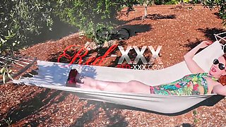 Red XXX stuffs her pussy with a toy in the hammock