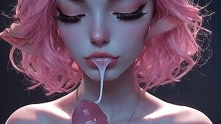 Pink-haired AI elf gives a blowjob, does a titjob, rides cowgirl-style, and ends up with cum dripping from her mouth