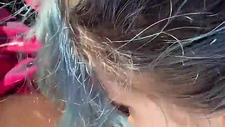 Blue haired russian exhibitionist taking my dick in the car