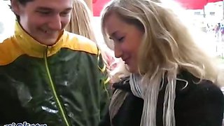 Curly blonde licks the cock and fucks in the street