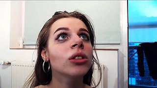 Buxom Russian teen blows a cock and takes a mouthful of jizz