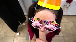 Birthday blowjob party with wet MILF stepmom and naughty teen stepsister