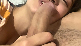 Naughty blowjob swallows cock grabbing balls laughing